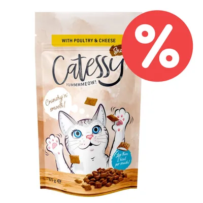 Catessy Snacks mit Geflügel und Käse, weniger als 2 kcal pro Stück, 65 g Packung. Crunchy 'n' smooth! Prozentzeichen für Rabatt sichtbar. Catessy Snacks mit Geflügel und Käse, weniger als 2 kcal pro Stück, 65 g Packung. Crunchy 'n' smooth! Prozentzeichen für Rabatt sichtbar.