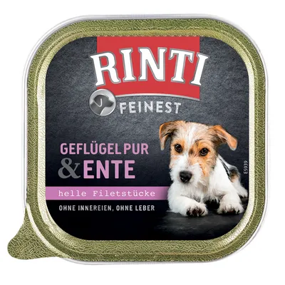 Rinti Feinst Geflügel Pur & Ente, helle Filetstücke, ohne Innereien, ohne Leber. Texto em alemão visível na embalagem de comida para animais.