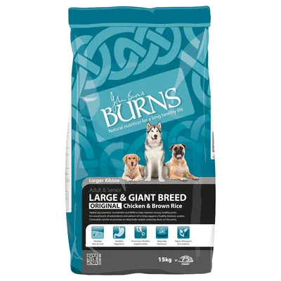 Burns Large & Giant Breed Original Chicken & Brown Rice -koiranruokapakkaus, 15 kg. Pakkauksessa kolme koiraa ja kuvakkeet: terve iho, hyvä ruoansulatus, nivelten tuki, hypoallergeeninen. Burns Large & Giant Breed Original Chicken & Brown Rice -koiranruokapakkaus, 15 kg. Pakkauksessa kolme koiraa ja kuvakkeet: terve iho, hyvä ruoansulatus, nivelten tuki, hypoallergeeninen.