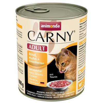 Konzerva animonda Carny Adult, hovädzie, kuracie a kačacie srdce, 800 g. Text: getreidefrei, 100% frische Zutaten, Made in Germany, mit Taurin. Obrázok misky s kúskami mäsa.