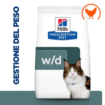 Hill's Prescription Diet w/d per gatti, gestione del peso, immagine di un gatto e simbolo arancione di pollo visibili sulla confezione.