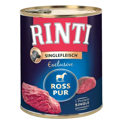 Konzerva Rinti Singlefleisch Exclusive Ross Pur, 1 Protein Single, getreidefrei. Na obalu vyobrazené kusy masa a silueta koně.