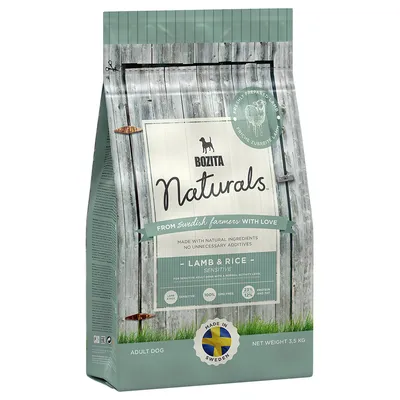 Bozita Naturals Lamb & Rice Sensitive hondenvoer, 3,5 kg. Tekst: made with natural ingredients, no unnecessary additives, 100% GMO free, made in Sweden. Bozita Naturals Lamb & Rice Sensitive hondenvoer, 3,5 kg. Tekst: made with natural ingredients, no unnecessary additives, 100% GMO free, made in Sweden.