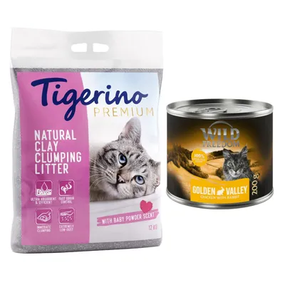 Kombi-Paket: Tigerino Premium Katzenstreu 2 x 12 kg + Wild Freedom Trocken- & Nassfutter - Babypuderduft + Golden Valley - Kaninchen & Huhn - 200 g Nassfutter