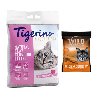 Kombi-Paket: Tigerino Premium Katzenstreu 2 x 12 kg + Wild Freedom Trocken- & Nassfutter - Babypuderduft + Adult "Wide Country" Geflügel - 150 g Trockenfutter