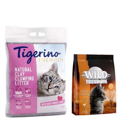 Lot découverte : 2 x 12 kg Litière Tigerino Premium senteur talc + 400 g Croquettes Wild Freedom Wide Country