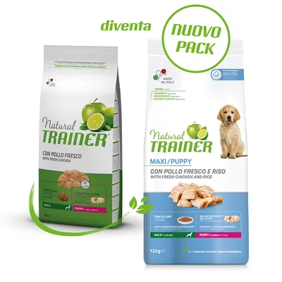To poser Natural Trainer hundefoder, tekst: CON POLLO FRESCO WITH FRESH CHICKEN og CON POLLO FRESCO E RISO WITH FRESH CHICKEN AND RICE, MAXI/PUPPY, 12 kg. Billede af hvalp og kyllingestykker.