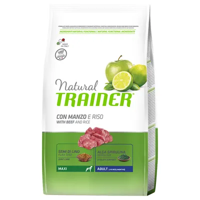 Natural Trainer hondenvoer, CON MANZO E RISO, met rundvlees en rijst. Bevat lijnzaad en spirulina. Voor volwassen honden (MAXI, 16+ maanden). Made in Italy staat op de verpakking.