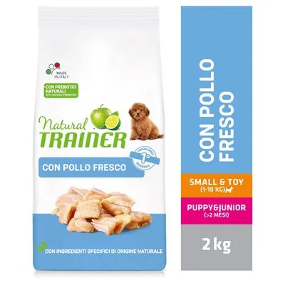 Natural Trainer hondenvoer, CON POLLO FRESCO, SMALL & TOY (1–10 kg), PUPPY & JUNIOR (>2 mesi), 2 kg. Met prebiotische natuurlijke ingrediënten, afbeelding kip en hond zichtbaar.