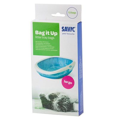 Savic Bag it Up kattenbakzakken large, 12 stuks, 46 x 40 cm. Verpakking toont blauwe zak in kattenbak en tekst: 'litter tray bags with fasteners'.