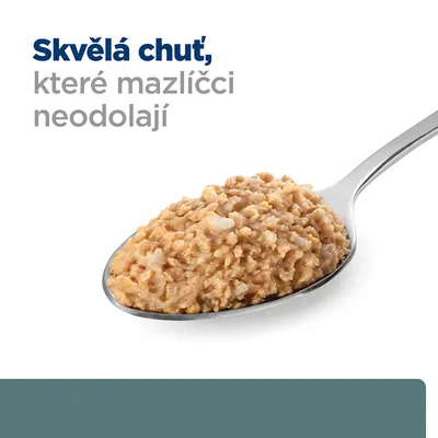 Lžíce s porcí masové směsi, nahoře text: Skvělá chuť, které mazlíčci neodolají.
