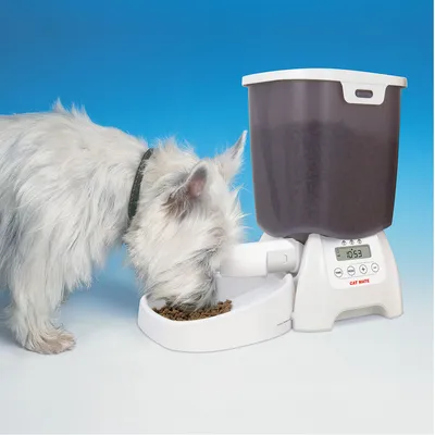 Distributeur automatique de croquettes Cat Mate avec écran digital, gamelle blanche remplie de croquettes, chien blanc mangeant dans la gamelle. Marque et boutons visibles sur l’appareil.