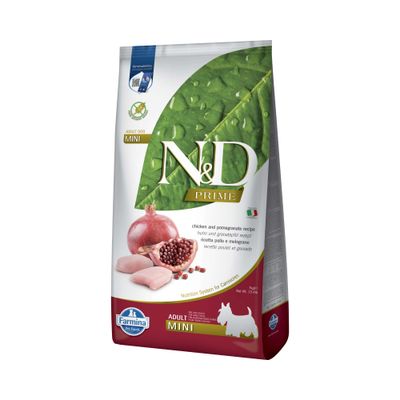 N&D Prime Adult Dog Mini, Huhn und Granatapfel Rezept. Farmina Pet Foods. Nutrition System for Carnivores. Italienische Flagge sichtbar.
