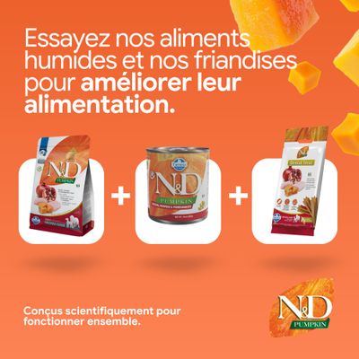 N&D Pumpkin croquettes, aliments humides et friandises dental. Développé scientifiquement pour une nutrition améliorée.