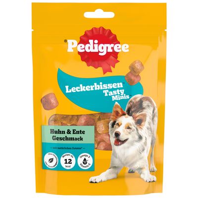 Sachet Pedigree Leckerbissen Tasty Minis, goût bœuf et fromage, moins de 5 % de matières grasses, oméga 3, vitamine E, sans arômes artificiels. Texte en allemand et anglais.