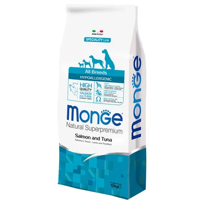 Monge Natural Superpremium szárazeledel, hipoallergén, minden fajtának. Lazac és tonhal ízesítés, Olaszországban készült, 12 kg-os csomag.
