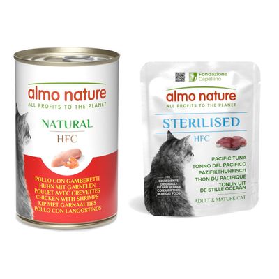 Boîte de nourriture pour chat almo nature HFC Natural, thon de l’Atlantique. Texte visible : profits 100 % to nature, owned by the animals.