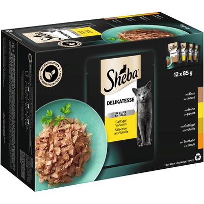 Sheba Delikatesse w galarecie, wariacja z drobiem, 12 x 85 g. Z naturalnych i wysokiej jakości składników. Warianty: kaczka, kurczak, drób, indyk.