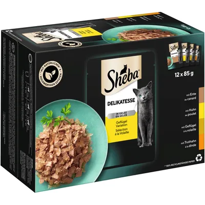 Sheba Delikatesse w galarecie, wariacja z drobiem, 12 x 85 g. Z naturalnych i wysokiej jakości składników. Warianty: kaczka, kurczak, drób, indyk.