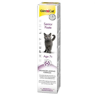 GimCat Senior Paste Expert Line, pasta para gatos mayores de 7 años. Texto visible: Age 7+, Balanced-Ageing Formula, no sugar added, promueve y protege la salud. GimCat Senior Paste Expert Line, pasta para gatos mayores de 7 años. Texto visible: Age 7+, Balanced-Ageing Formula, no sugar added, promueve y protege la salud.