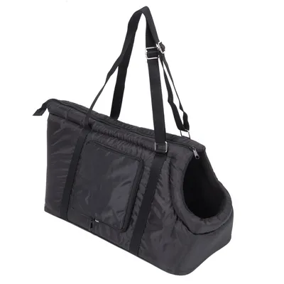 Sac de transport noir pour animaux, avec ouverture latérale, poche extérieure zippée et deux longues anses réglables en nylon, matière synthétique visible.