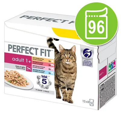 PERFECT FIT adult 1+, vitality & agility, total 5, 12×85g kapsiček pro kočky. Příchutě: kuře a hrášek, hovězí a mrkev, losos a mrkev, bílá ryba a hrášek po 3 ks.