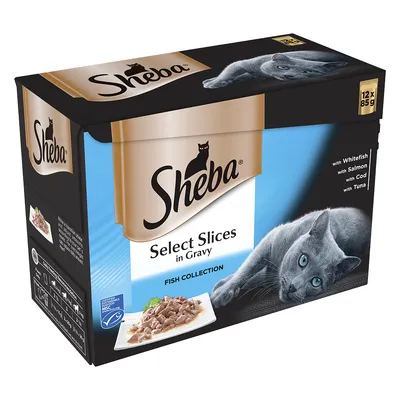 Sheba Select Slices in Gravy Fish Collection, 12 x 85 g. Med whitefish, salmon, cod og tuna. Billede af kat og skål med vådfoder på emballagen.