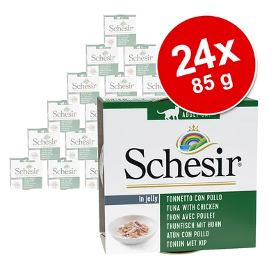 Schesir Adult Cat tuna s piščancem v želeju, paket 24x 85g. Slika prikazuje embalažo in posodico s tuno.