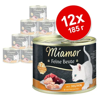 Набор из 12 банок по 185 г Miamor Feine Beute mit Huhn, изображение белой кошки и кусочков мяса на упаковке, надпись: 7 Sieben Sorten Fleisch & Innereien, без зерна. Набор из 12 банок по 185 г Miamor Feine Beute mit Huhn, изображение белой кошки и кусочков мяса на упаковке, надпись: 7 Sieben Sorten Fleisch & Innereien, без зерна.