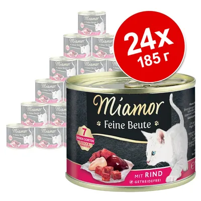 Консервы для кошек Miamor Feine Beute mit Rind, 24 банки по 185 г. На упаковке изображён белый кот и кусочки мяса. Видна надпись: «7 Sieben Sorten Fleisch & Innereien». Консервы для кошек Miamor Feine Beute mit Rind, 24 банки по 185 г. На упаковке изображён белый кот и кусочки мяса. Видна надпись: «7 Sieben Sorten Fleisch & Innereien».