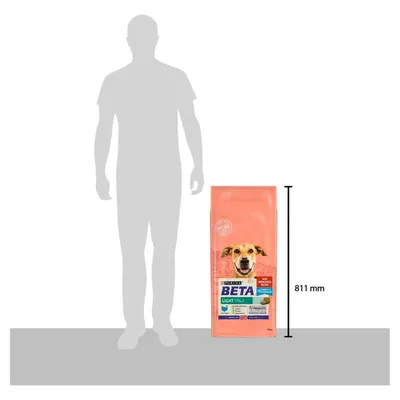 Product size comparison showing a bag of Purina Beta Light next to a human silhouette, with the bag height labelled as 811 mm.