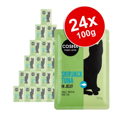 Cosma Pure Love Skipjack Tuna in Jelly, single protein pure fish, 24 x 100g pouches visible. Large red circle shows '24x 100g'. Green packaging with black cat silhouette.