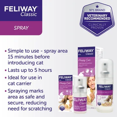 Feliway Classic Spray: spray area 15 minutes before introducing cat, lasts up to 5 hours, ideal for cat carrier, marks area as safe and secure, reduces scratching. Veterinary recommended.
