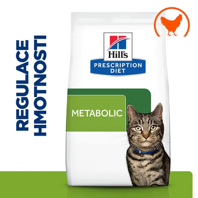 Hill's Prescription Diet Metabolic pre mačky, nápis REGULACE HMOTNOSTI, obrázok mačky a symbol kurčaťa na obale.