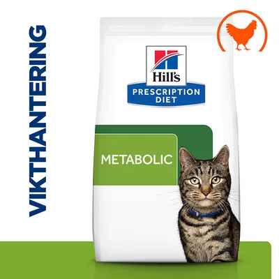 Hill's Prescription Diet Metabolic kattmat, texten 'Vikthantering' och en bild på en katt. Orange siluett av kyckling uppe till höger.