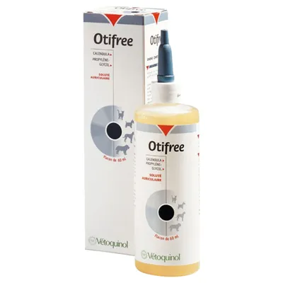 Otifree soluté auriculaire, calendula, propylène-glycol, flacon de 60 ml, marque Vétoquinol. Texte visible : soluté auriculaire. Boîte et flacon montrés.