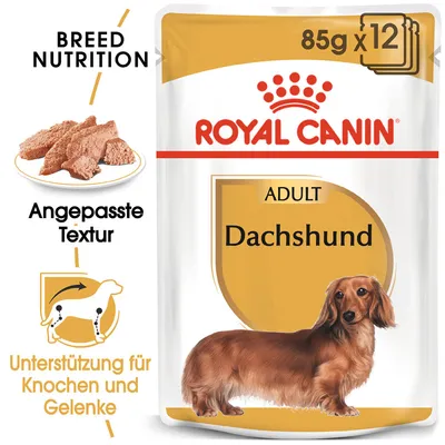 Royal Canin Adult Dachshund Nassfutter, 85g x 12. Angepasste Textur. Unterstützung für Knochen und Gelenke. Breed Nutrition speziell für Dackel.