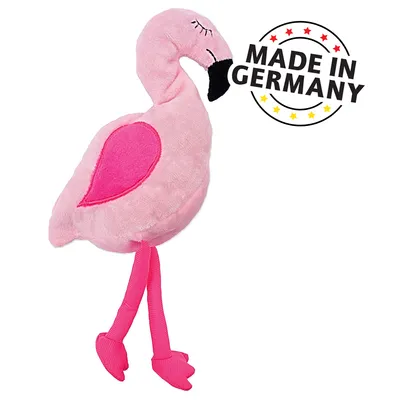Rosa Plüsch-Flamingo-Spielzeug mit pinken Beinen und Aufschrift 'Made in Germany'.