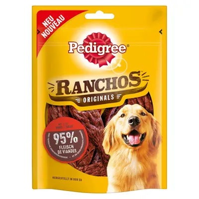 Pedigree Ranchos Originals med oksekød, 95% kød, fremstillet i EU. Ny. Indeholder ikke animalske biprodukter eller tilsætningsstoffer.