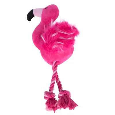 Giocattolo in peluche a forma di fenicottero rosa con gambe di corda e dettagli annodati, adatto per il gioco interattivo. Giocattolo in peluche a forma di fenicottero rosa con gambe di corda e dettagli annodati, adatto per il gioco interattivo.