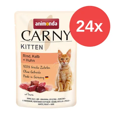 Animonda Carny Kitten, Rind, Kalb + Huhn, 100% frische Zutaten, ohne Getreide, Made in Germany, Packung mit 24 Stück. Animonda Carny Kitten, Rind, Kalb + Huhn, 100% frische Zutaten, ohne Getreide, Made in Germany, Packung mit 24 Stück.