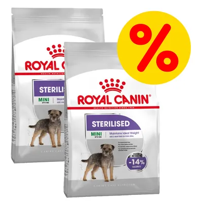 Dwie torby karmy Royal Canin Sterilised Mini z psem na opakowaniu, widoczny napis: -14% calories. Żółta ikona procentu oznaczająca promocję.