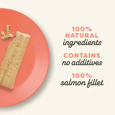 100% natural ingredients, contains no additives, 100% salmon fillet – tekst w języku angielskim widoczny obok kawałka łososia na talerzu.