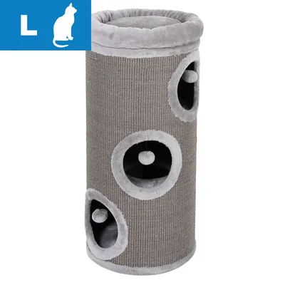 Szary drapak dla kota w kształcie walca, trzy otwory z pluszowymi piłkami, materiał: tkanina i plusz. W lewym górnym rogu ikona kota i litera L.