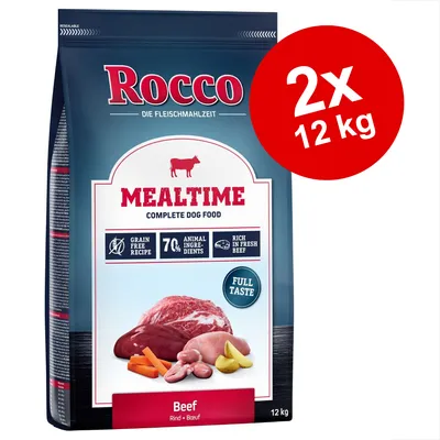 Rocco Mealtime Complete Dog Food Beef, 2×12 kg. Text: Grain free recipe, 70% animal ingredients, rich in fresh beef, full taste. Bild på kött, morötter, potatis och bönor.