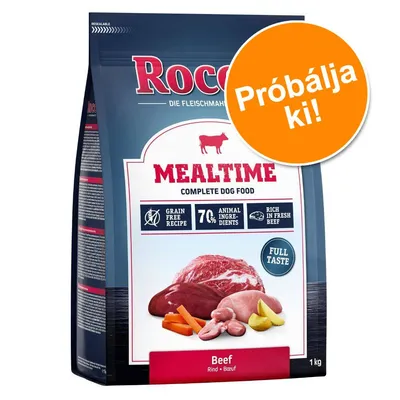 Rocco MEALTIME Complete Dog Food Beef, 1 kg, Próbálja ki! felirattal. Grain free recipe, 70% animal ingredients, rich in fresh beef, full taste látható a csomagoláson. Rocco MEALTIME Complete Dog Food Beef, 1 kg, Próbálja ki! felirattal. Grain free recipe, 70% animal ingredients, rich in fresh beef, full taste látható a csomagoláson.