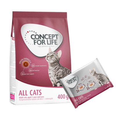 Pienso y comida húmeda Concept for Life All Cats para gatos adultos, paquete de 400 g y pack de 4 x 85 g. Texto visible: 'Alimentación mixta'.