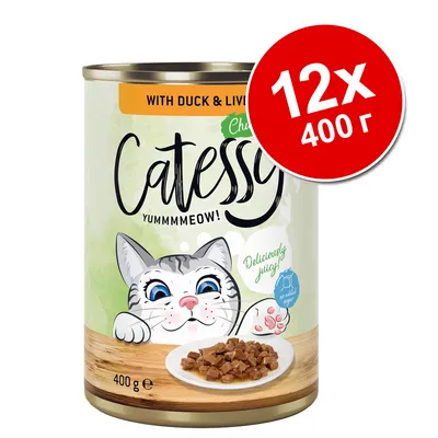 Catessy консервирана храна за котки с патешко и дроб, 12×400 г. Видими надписи: WITH DUCK & LIVER, Deliciously juicy!, 400 g, 12×400 г.