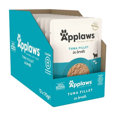 Box of Applaws tuna fillet in broth, 12 x 70g packs, labelled 100% natural ingredients and Certified B Corporation.