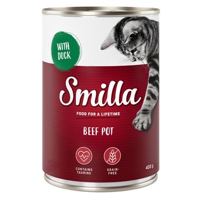 Smilla Beef Pot kattemad 400 g, med teksten 'WITH DUCK', 'FOOD FOR A LIFETIME', 'CONTAINS TAURINE', 'GRAIN-FREE' og billede af en kat på dåsen.